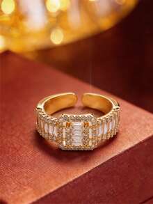 1pc Vintage Palace Style Square Colorful Wide Band Open Ring, & Bright Adjustable Index Finger Ring, Luxury Retro Versatile Jewelry - Open Ring - View 2