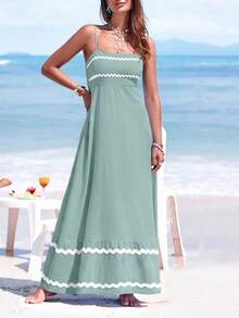 PRETTYGARDEN Women's Summer Flowy Maxi Dress Vestidos Casual Sleeveless Strap Ruffle Wedding Guest Graduation Beach Party Travel Vacation Long White Dresses - 豆綠色 - 查看 3