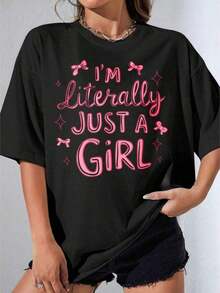 Playera Algodón Cuello Redondo Lazo Blusas para Mujer Ropa Deportiva de Mujer  Mujer Verano Casual Manga Corta Texto Rosa Frase Oversize Fiesta Diario blusas para mujer - Negro - Ver 1