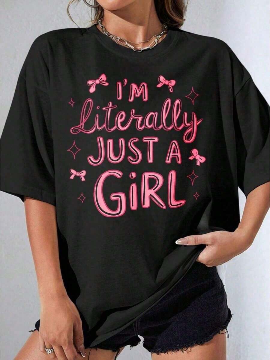 Playera Algodón Cuello Redondo Lazo Blusas para Mujer Ropa Deportiva de Mujer Mujer Verano Casual Manga Corta Texto Rosa Frase Oversize Fiesta Diario blusas para mujer - Negro - Ver 1