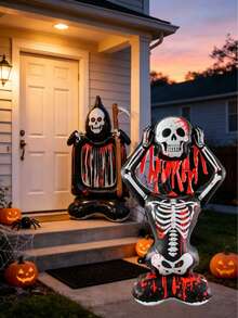 kumozawa 2 Huge Halloween Standing Bloody Skeleton And Grim Reaper Foil Balloons, Haunted House Ghost Party Decoration Photo Props Indoor Outdoor Yard Decor, Halloween Haunted House Escape Room Yard Front Door Decoration Supplies, Suitable For Halloween Party, Haunted House, Horror Theme Birthday, Indoor Outdoor Garden Yard Front Porch Photo Booth Decoration - Multicolor - View 4