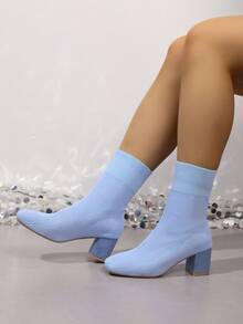 Women's Square Toe Chunky Heel Mid-Calf Boots, Autumn/Winter High Heel Boots, Elegant Versatile Style - Baby Blue - View 1