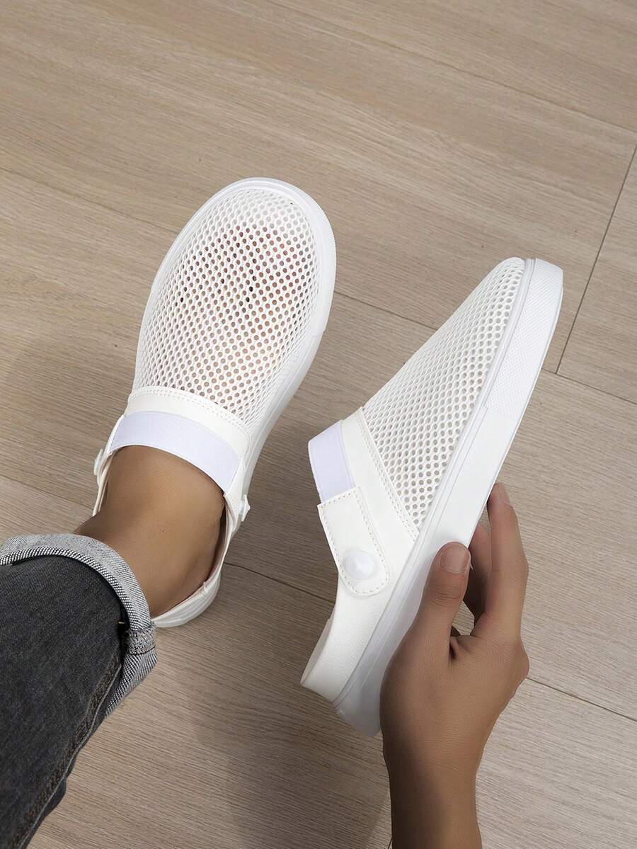 Men's Solid Color Mesh Casual Half-Slip Sandals, Microfiber Patchwork Hollow Upper, Adjustable Back Strap, 2-In-1 Wear, Minimalist Basic Style, Suitable For Daily Commute, Travel, Driving And Multiple Occasions - White - View 1
