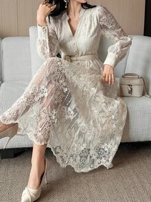 Vestido de media longitud con cinturón y cuello de encaje elegante para mujer, vestido de verano/primavera - Burdeos - Ver 1