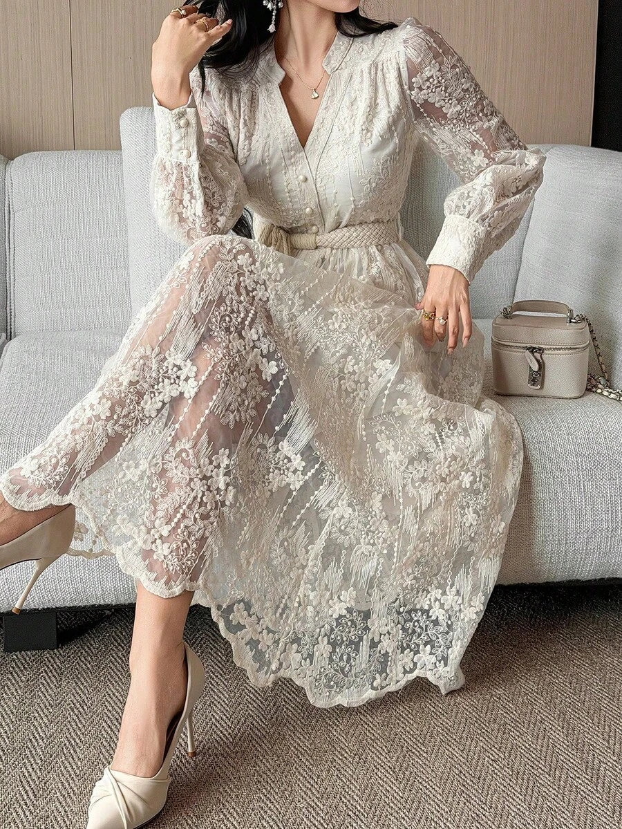 Vestido de media longitud con cinturón y cuello de encaje elegante para mujer, vestido de verano/primavera - Burdeos - Ver 1