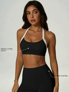 UONNOU 2pcs/Set Women's Spring/Summer Seamless Soft Sports Set, Contrast Trim Halter Backless Sports Bra + High Waist Tummy Control Peach Butt Lifting Shaping Leggings - Black - View 2