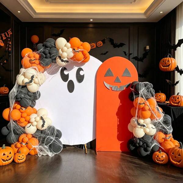 114pcs/Set, Halloween Atmosphere Decoration Set, Includes Black/White/Orange Latex Balloons, Ghost Festival 3D Bat Stickers Party Decoration Props, Spider Cotton Ghost Festival Decoration Props, Haunted House/Mall/Escape Room/Spider Web, Suitable For Halloween Party, Holiday Decoration, Creating Scary Atmosphere Decoration Balloons, Haunted House Decoration, Outdoor Yard Lawn Porch Decoration, Photo Booth Props, "Trick Or Treat" Decoration Balloons