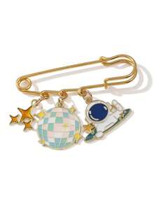 1pc Dreamy Starry Sky Style Multi-Charm Large Brooch, Drip Oil Astronaut Moon Origami Rabbit Colorful Ball Planet Pendant Brooch, Cute Girl Outfit Accessory, Versatile Decoration Pin For Sweaters And Cardigans - Multicolor - View 10