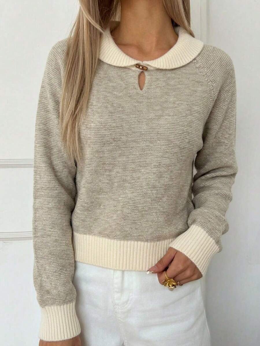 Women's Color Block Striped Horn Button Turn Collar Sweater, French Vintage Slouchy Pullover Knit Top, Autumn/Winter - Apricot - View 1