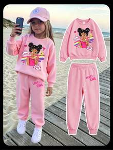 Fashion Remaja Perempuan: Sweatshirt Lengan Panjang Leher Bulat Motif Kartun Warna Pink dan Celana Jogger Pinggang Elastis - Berwarna merah muda - View 1