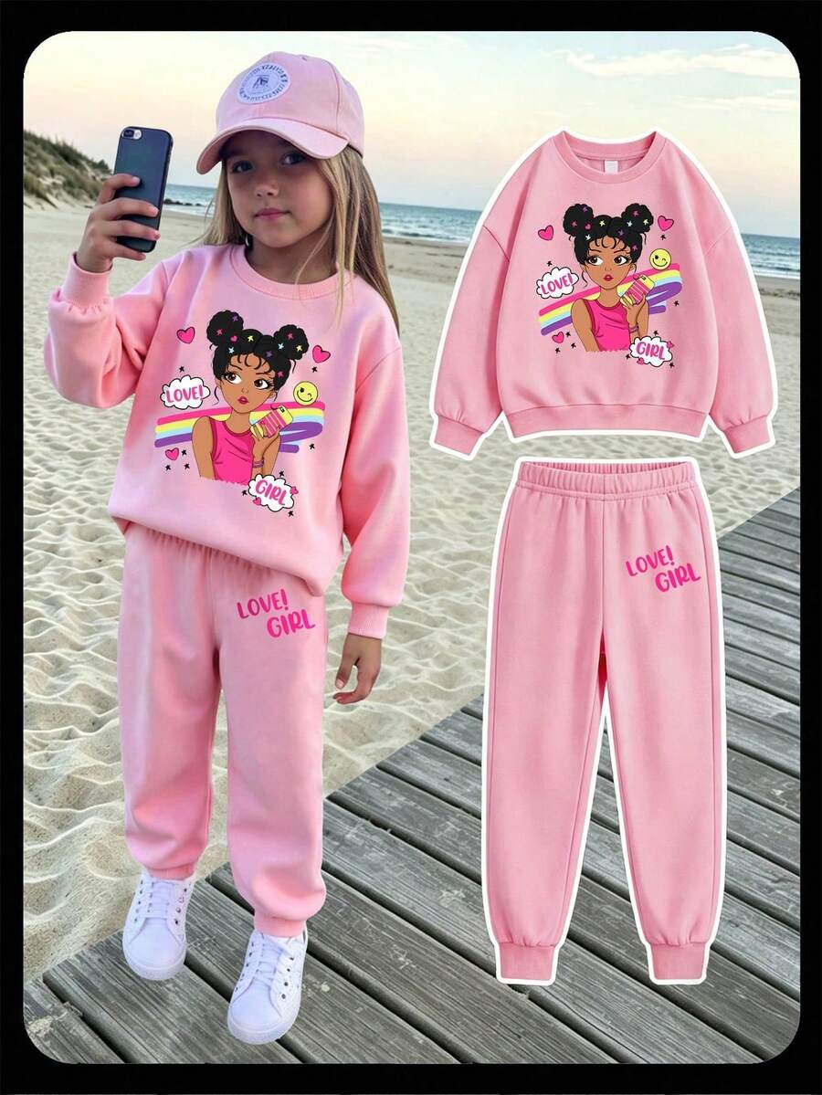 Fashion Remaja Perempuan: Sweatshirt Lengan Panjang Leher Bulat Motif Kartun Warna Pink dan Celana Jogger Pinggang Elastis - Berwarna merah muda - View 1