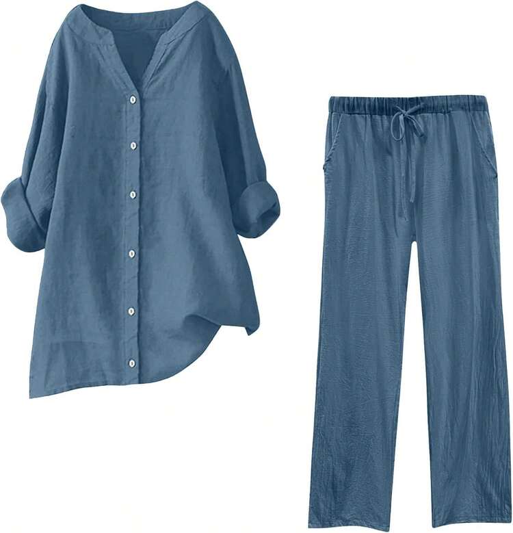 onjunto de verano de 2 piezas para mujer, tallas grandes, conjuntos de lino de algodón, cuello en V, blusa abotonada, camisetas de gran tamaño, camisetas de manga larga y pantalones casuales - Caqui-01 - Añade 17