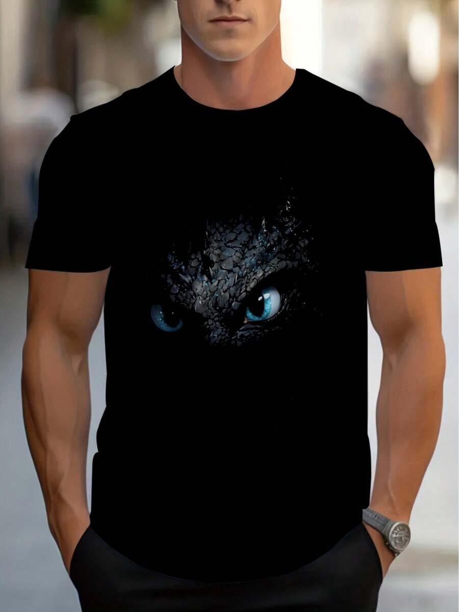 Camiseta Negra para Hombres con Diseño Intrincado de Ojo de Gato, Ideal para Cenas Informales en Restaurantes, Hecha de Tela Suave, Ligera y Duradera, Perfecta para Atuendos Casuales, Mejora - Negro - Ver 1