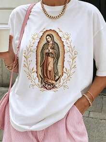 Our Lady Of Guadalupe Virgin Mary Shirt, Mother TShirt, Latina TShirt Gift For Catholic Mom, Vintage 90s Y2K Tee - Soft, Breathable Crew Neck Tee, Lightweight & Comfortable Casual Summer Wear, Women's Tops, White - 白色 - 查看 1