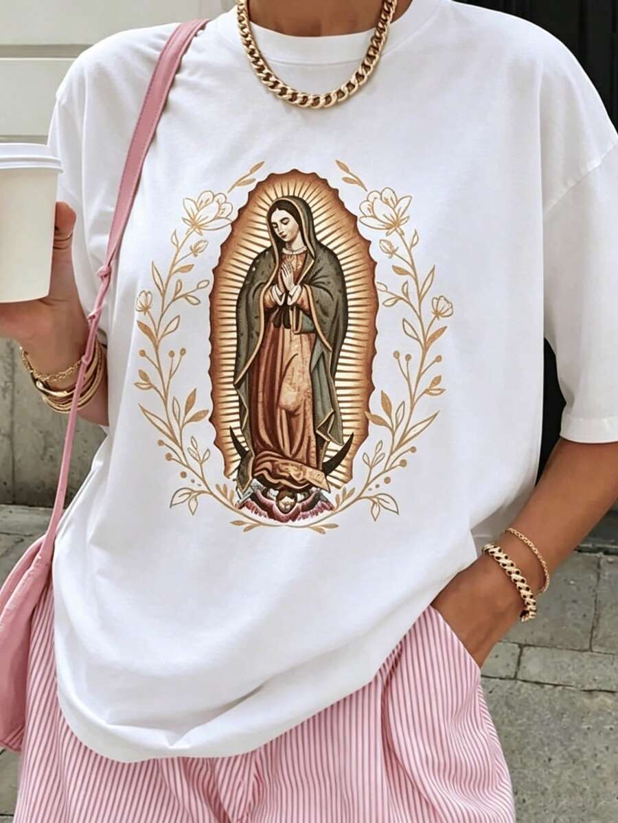 Our Lady Of Guadalupe Virgin Mary Shirt, Mother TShirt, Latina TShirt Gift For Catholic Mom, Vintage 90s Y2K Tee - Soft, Breathable Crew Neck Tee, Lightweight & Comfortable Casual Summer Wear, Women's Tops, White - 白色 - 查看 1