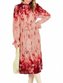 ANRABESS - Vestido midi floral para mujer, manga larga, con volantes, de gasa, acampanado, plisado, con cinturón, vestido de fiesta para té - Rosa rosado - Ver 7