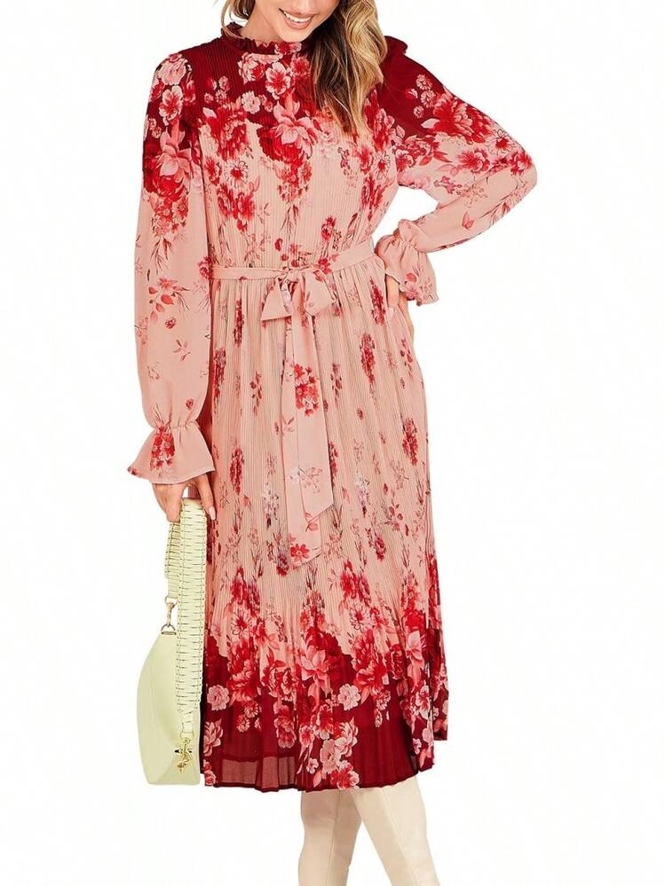ANRABESS - Vestido midi floral para mujer, manga larga, con volantes, de gasa, acampanado, plisado, con cinturón, vestido de fiesta para té - Rosa rosado - Añade 7