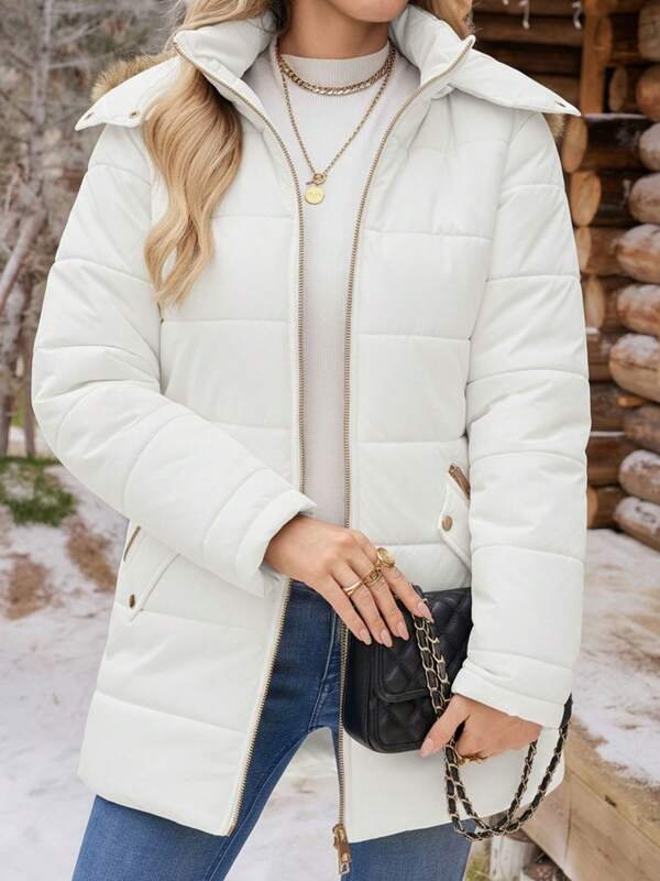Women's Winter Cotton Padded Coat, Casual Versatile Detachable Hood, Zip-Up Waist-Cinching Fashion Outdoor Solid Color Autumn/Winter Padded Coat