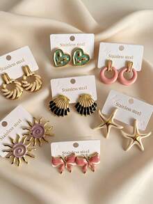 14pcs 7 Pairs Multi-Functional Beach Style Stainless Steel Women's Earrings, Women's Jewelry With Round Shell And Starfish Decoration, Gold Accents, Waterproof And Lightweight, Perfect For Beach, Swimming Pool And Daily Wear, Essential For Summer Music Festivals And Concerts (Random Set) - Multicolor - View 3
