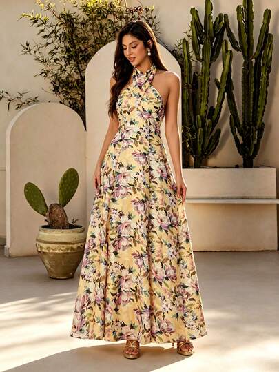 Mgiacy Elegant Yellow Floral Print Halter Back Tie A-Line Maxi Dress For Women Summer Festival ,Wedding Guests,Prom, Going Out & Party