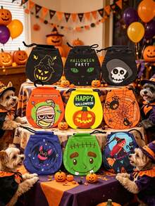 50pcs/Set Halloween Drawstring Bags With Pumpkin And Candy Designs, Party Storage And Decoration Bags, Featuring Pumpkin, Spider, Bat, And Witch Patterns. Halloween Decorations For Parties To Add To The Festive Atmosphere. - A - View 2