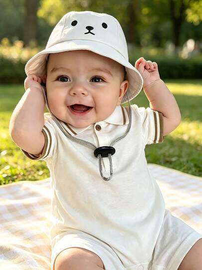 1Pc Infant Baby Toddler Cute Scratch Rope Adjustable Bucket Hat With Bear Pattern, KidGirl Boy For Daily Casual Wear 0-3 Years Old Outdoor Play