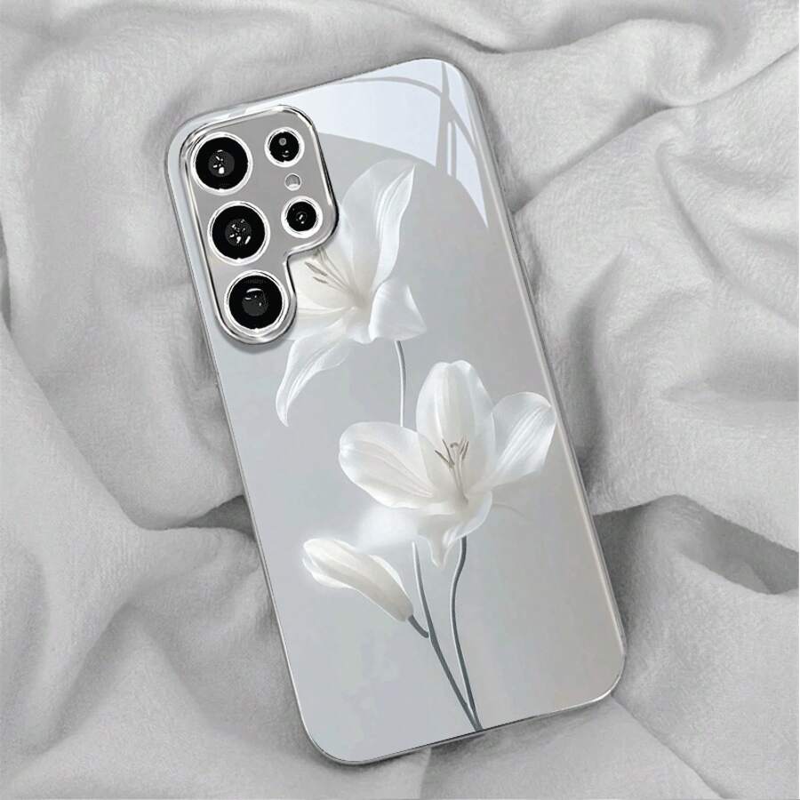Phone Case - Artistic Qinglan White Flower New Electroplated Silver Phone Case for Galaxy S25Ultra, S25 Plus, S25, S24Ultra, S24FE, S24, S23Ultra - Plateado - Ver 1
