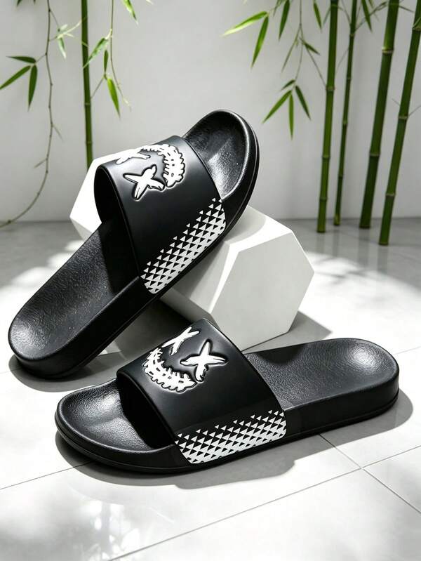 1 Pair Black & White Gradient Slip-On Slides, Soft Sole, Bouncy, Lightweight, Breathable, Suitable For Daily Wear, Indoor, Outdoor, Beach, Seaside