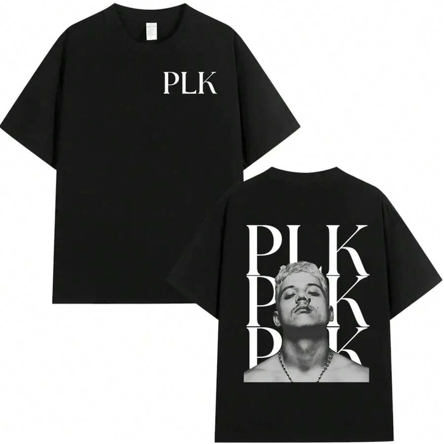 Rapper PLK Gesichts-Grafik T-Shirt für Männer und Frauen, Modische Hip-Hop-Musik T-Shirts, Lässiges Baumwoll-Kurzarm-T-Shirt, Streetwear - Weiss - Übersicht 1
