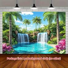 1pc Tropical Coconut Grove Waterfall Water Scene Backdrop, Double Layered Mountain Spring Emerald Pond Palm Tree Pattern, Suitable For Summer Party, Indoor/Outdoor Background Decoration, Room, Garden And Summer Celebration - A - View 9