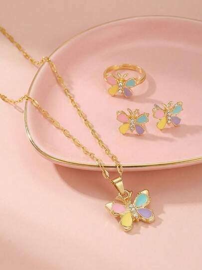 1 Set de Joyería Elegante y Dulce con Mariposa Colorida, Collar, Pendientes y Anillo para Familia, Amigos, Niños, Niñas, Regalo Exquisito y de Moda para el Día del Niño, Aniversario, Cumpleaños, Regreso a la Escuela, Vacaciones, Conjunto de Joyería Versátil para Uso Diario