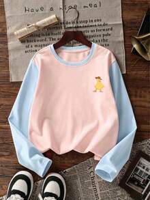 Tween Girl 1pc Printed Patchwork Contrast Color Long Sleeve T-Shirt, Suitable For Tween GirlsAutumn/Winter Top, Young Student Children's Clothing, Suitable For Outerwear And Inner Layer - Pink - View 8