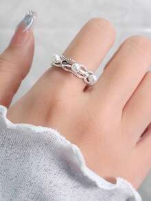1pc French Double Layer Lace Pearl Ring, High-End Daily Commute Asymmetrical Hollow Design Twisted Open Ring - Silver - View 4