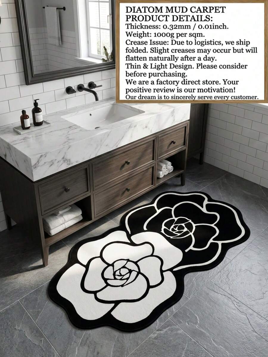 1pc Floral Pattern Bathroom Mat, Non-Slip Bathroom Mat, Toilet Mat, Quick Absorption, Quick Drying, Non-Slip Water-Absorbent Fast-Drying, Floral Design Pattern, Black And White Camellia Bathroom Mat, Soft Water-Absorbent Non-Slip Mat, Durable, Easy To Clean Camellia Pattern Floor Mat - Multicolor - View 1