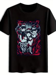 Camiseta Gráfica de la Banda de Heavy Metal BABYMETAL para Hombre - Camiseta de Rock Vanguardista Inspirada Oficialmente con Vibrantes Letras Japonesas en Rojo y Azul y Arte de Personajes, C - Negro - Ver 1