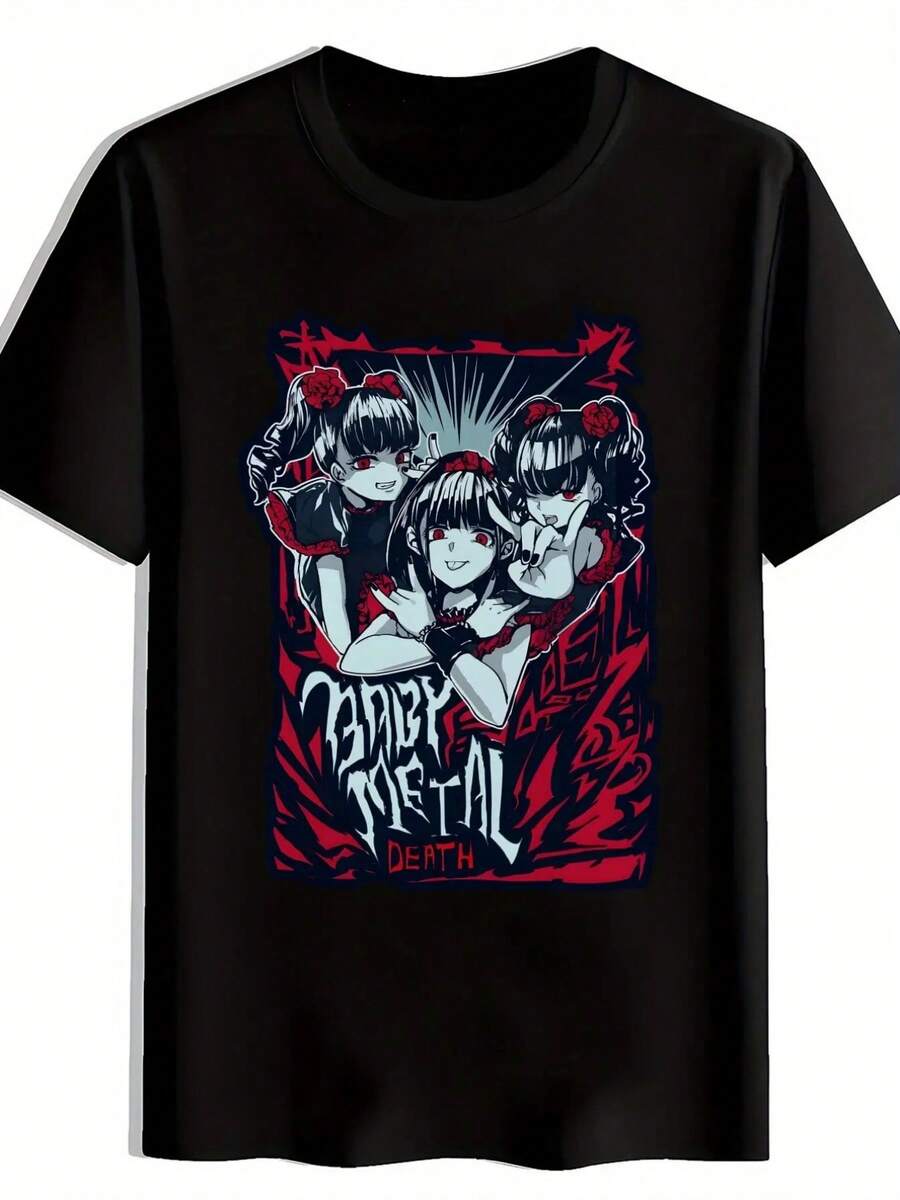 Camiseta Gráfica de la Banda de Heavy Metal BABYMETAL para Hombre - Camiseta de Rock Vanguardista Inspirada Oficialmente con Vibrantes Letras Japonesas en Rojo y Azul y Arte de Personajes, C - Negro - Ver 1