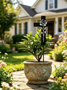 Rose Cross Metal Garden Stake, Black Hollow Rose Iron Plant Marker, Elegant Inspirational Yard Decor, Gentle Memory Remembrance Ornament For Patio Flower Pot, Thoughtful Sympathy Condolence Gift - Rose Cross Flower Vase - View 4