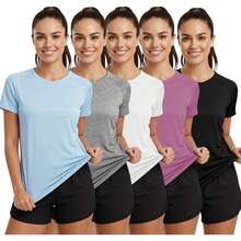 Lukovee Paquete de 5 Camisetas Deportivas para Mujer de Secado Rápido, Playeras Blusas Deportivas Mujer Transpirable, Ajuste Holgado, para Fitness, Yoga, Correr, Gimnasio - Colores oscuros - 5 piezas - Ver 1
