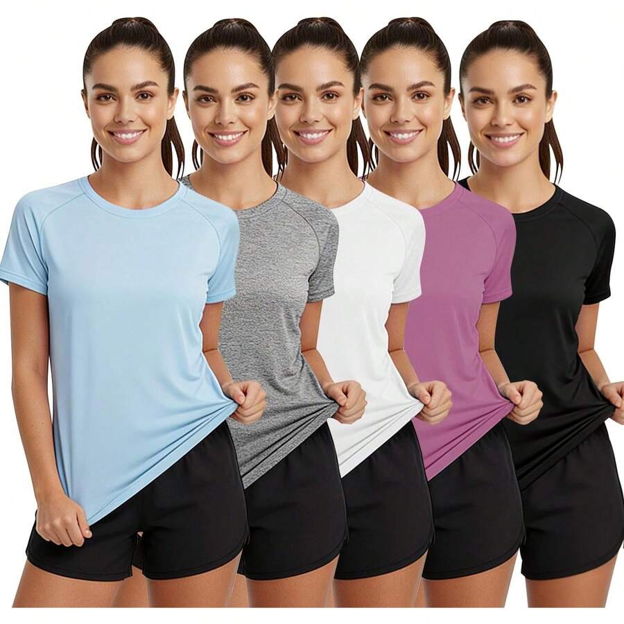 Lukovee Paquete de 5 Camisetas Deportivas para Mujer de Secado Rápido, Playeras Blusas Deportivas Mujer Transpirable, Ajuste Holgado, para Fitness, Yoga, Correr, Gimnasio - Colores oscuros - 5 piezas - Ver 1