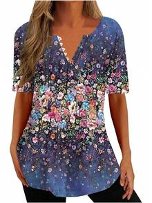 Ceboyel - Camisas Henley con estampado floral para mujer, cuello en V, sexy, casual, de manga corta, blusas elegantes para mujer - Blanco #19 - Ver 33