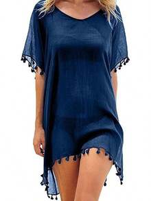 Vestidos de Playa Bañadores de Playa con Flecos de Gasa para Damas para Cubrir Faldas de Traje de baño, Vestidos Sueltos de Verano Bikini(Blue,Gold) - B - Ver 1
