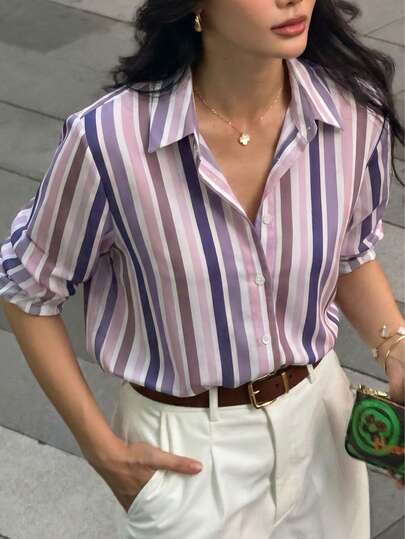 Plus Size Women's Vertical Striped Button-Up Shirt With Stand Collar, Rolled Cuffs And Loose Fit, Elegant Casual Shirt Suitable For Spring/Summer Outings, Commuting And Vacation