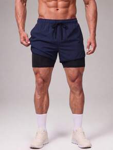 Men's Boyfriend Casual Shorts, Built-In Liner, Black Lightweight Athletic Shorts, Suitable For Gym And Outdoor - Navy Blue - View 1