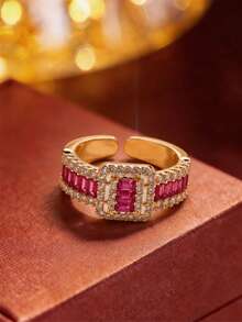 1pc Vintage Palace Style Square Colorful Wide Band Open Ring, & Bright Adjustable Index Finger Ring, Luxury Retro Versatile Jewelry - Open Ring - View 10