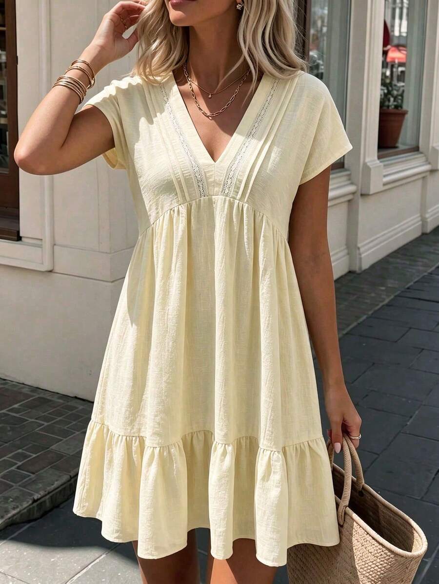 Rusttydustty Cream Yellow V-Neck Lace Patchwork Textured Loose Ruffle Hem Gentle Vacation Style Autumn Halloween Women's Short Dress - Pale Yellow - View 1