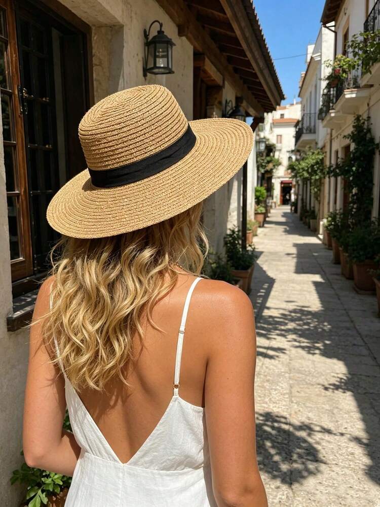 1 chiếc mũ rơm chống nắng mùa hè unisex, mũ đi biển vành rộng, mũ du lịch đi biển, mũ Panama chóp tròn - Nhiều màu - Xem 3
