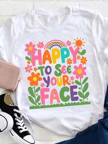 Women's 100 Happy To See Your Face Teacher T-Shirt Vibrant Floral Rainbow Design Casual Crew Neck Short Sleeve Funny Teacher Shirt For Spring Summer F - White - View 1