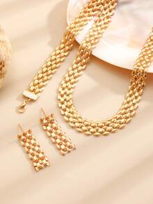 1 Set Elegant Minimalist Hollow Wide Necklace Bracelet Earrings Geometric Mesh Collarbone Chain High-End Versatile Women's Jewelry Set, Suitable For Daily Wear And Parties, Jewelry Accessories - D - View 5