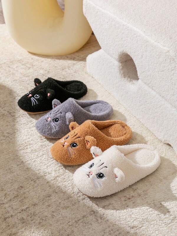 Autumn/Winter Cat Plush Slippers For Women, Soft Sole Anti-Slip Warm Indoor Floor Slippers For Couples, Flat Home Shoes For Men And Women