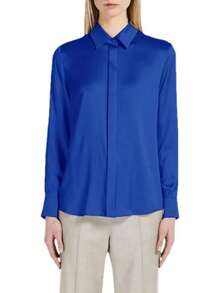 Blusa de seda de manga larga brillante para mujer, con botones y solapa formal - Azul marino - Ver 8